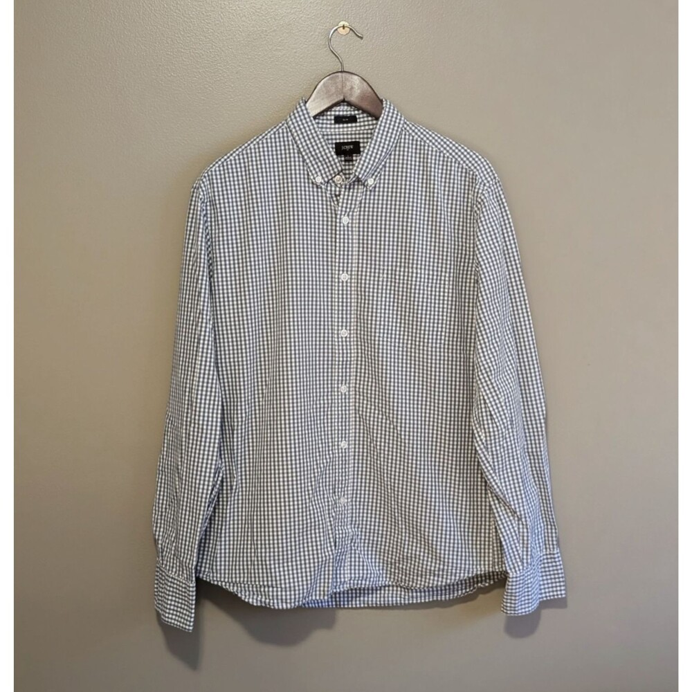 J. Crew Men's Large Slim Fit Dress Shirt Blue Check Lightweight Button Down L